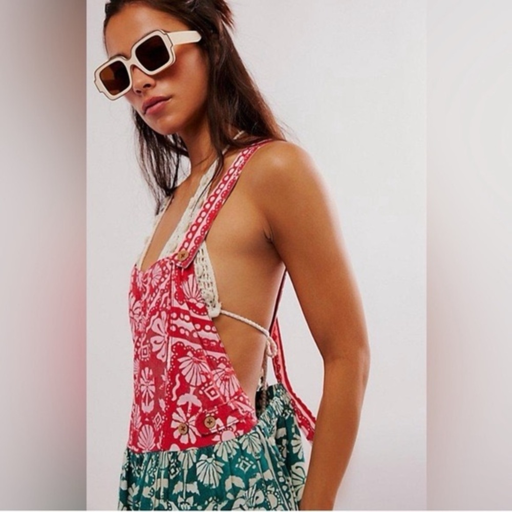 Free People Red and Green Floral Jumpsuit